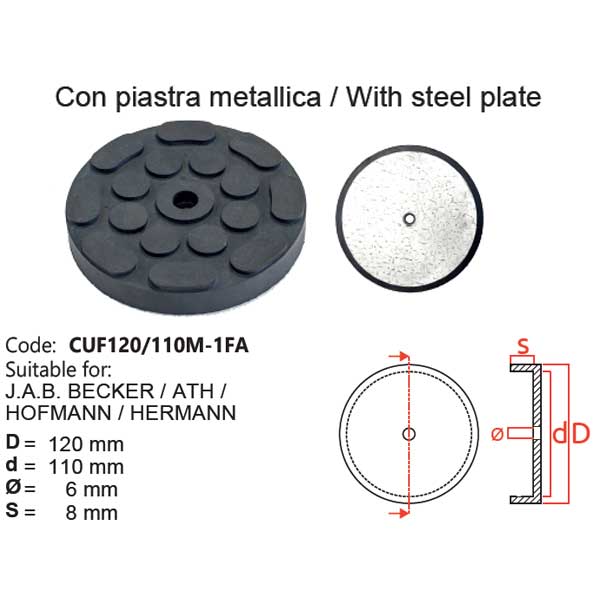 Tampone a cuffia con piastra metallica - CUF120/110M-1FA - Per sollevatori modello: J.A.B. BECKER, ATH, HOFMANN, HERMANN, TWIN BUSCH Tampone a cuffia con piastra metallica - CUF120/110M-1FA - Per sollevatori modello: J.A.B. BECKER, ATH, HOFMANN, HERMANN, TWIN BUSCH